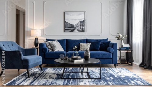 Modern Luxury Living Room Interior with Blue Velvet Sofa and Gold Pendant Lamp