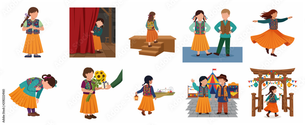 Fototapeta premium Collection of Children in Traditional Folk Costumes Performing Various Activities and Celebrating Cultural Heritage Vector Illustration