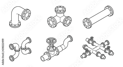 Konstfotografi Pipe fittings vector illustration with flanges and valves on white background