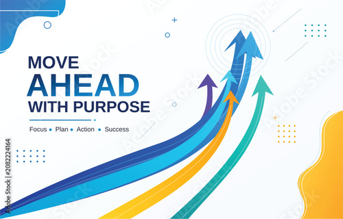 Colorful arrows moving upward with inspirational text and symbols on white background