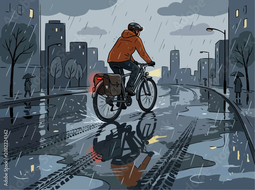 Person riding bicycle on wet city street during heavy rain at night
