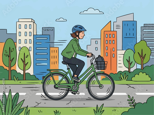 Woman riding green bicycle with basket on road near city park