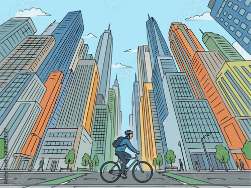 Man riding bicycle on city street between tall buildings perspective