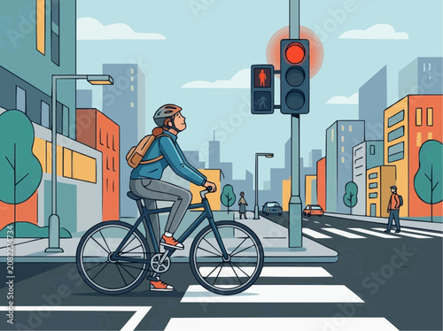 Cyclist waiting at a red traffic light on a city street