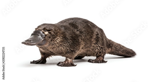 A close up side view of a platypus on a white background.