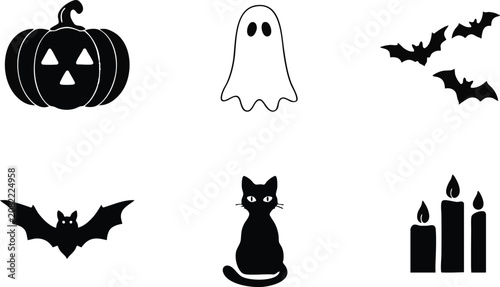 Halloween icon set jack o' lantern ghost bats black cat and candles