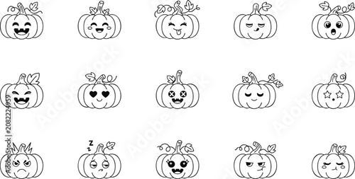 Pumpkin face line art collection kawaii autumn emoticons for seasonal designs
