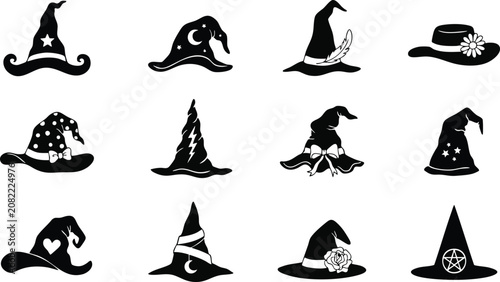 Collection of 12 unique witch hat silhouettes