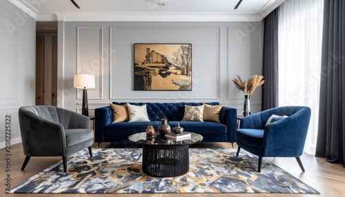 Modern Luxury Living Room Interior with Blue Velvet Sofa and Gold Pendant Lamp