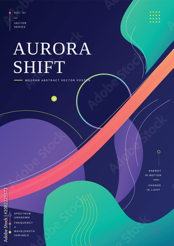 Modern abstract vector poster with colorful shapes and lines on dark background