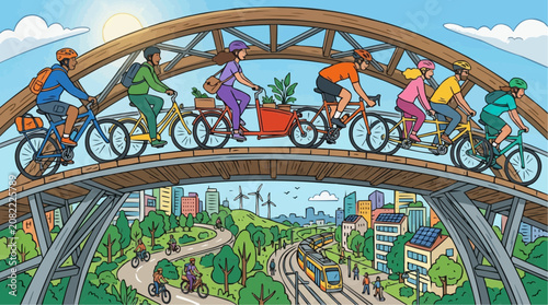 Diverse people riding bicycles over an urban wooden arch bridge