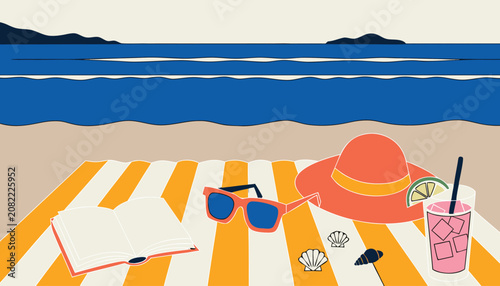 Summer beach scene with towel book hat and drink