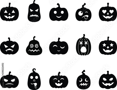 Halloween pumpkin faces collection black silhouette vector icons for seasonal design