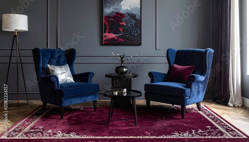 Modern Luxury Living Room Interior with Blue Velvet Sofa and Gold Pendant Lamp