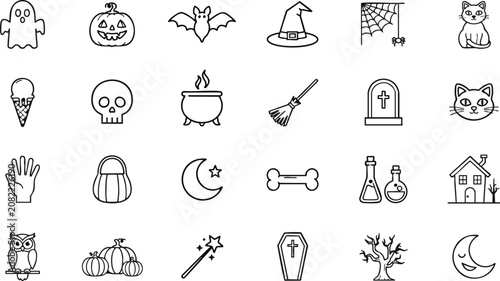 Halloween line icons set ghost witch pumpkin and spooky elements