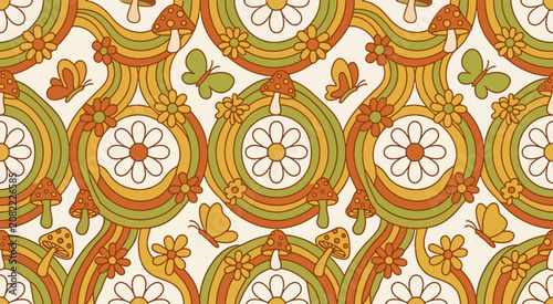 Retro Groovy 70s Seamless Pattern Vector 
— Burnt Orange Avocado Mustard Daisy 
Flower Wavy Vintage Background Design EPS