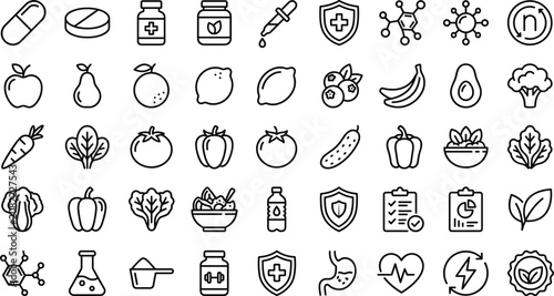 Tableau sur toile Dietary healthcare linear icons collection with fresh produce supplements immune
