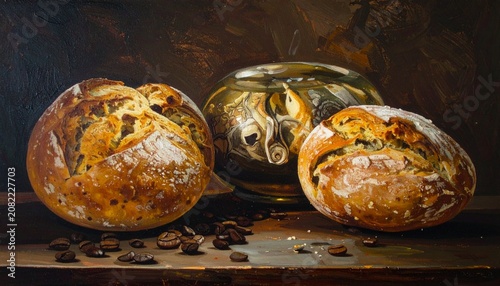 Classic Still Life Painting of Artisan Bread Loaves and Glass Bowl on Table