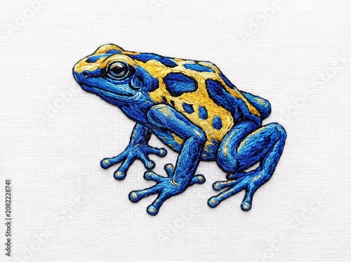 Detailed blue and yellow poison dart frog amphibian embroidery art on white background
