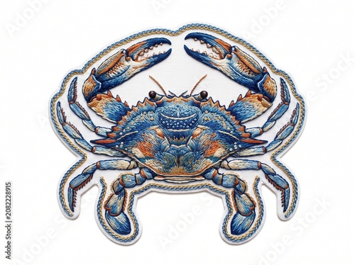 Detailed blue crab embroidered patch artwork isolated on white background
