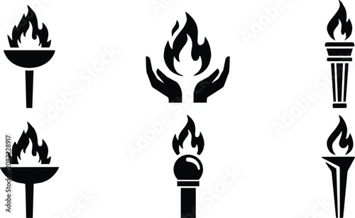 Schilderij op canvas Flaming torch icon set, ceremonial fire, memorial flame vector collection isolat