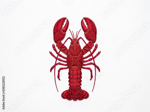 Detailed red lobster embroidered artwork isolated on white fabric background
