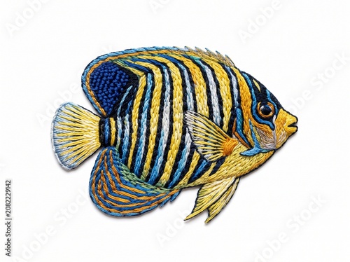 Detailed colorful angelfish embroidered patch artwork isolated on white background
