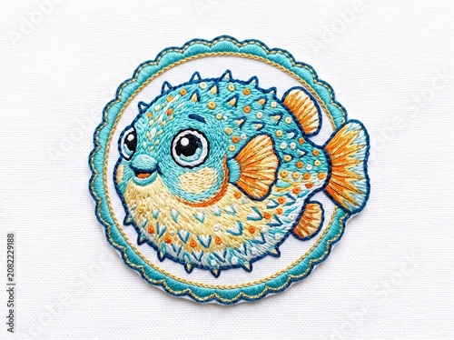 Cute pufferfish embroidered round frame patch artwork isolated on white background
