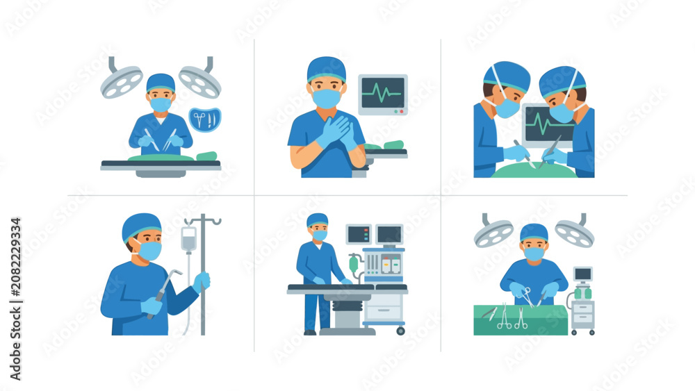 Fototapeta premium Surgical Team Performing Operation, Medical Equipment, Healthcare Vector Illustrations Set