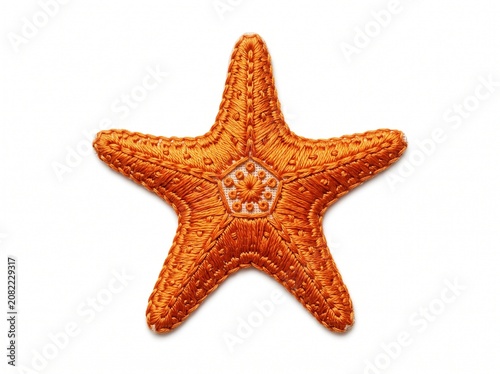 Vibrant orange starfish embroidered patch artwork isolated on white background
