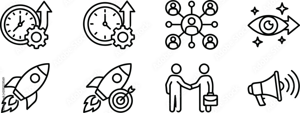 Fototapeta premium Business icons set with clock, rocket, network and megaphone