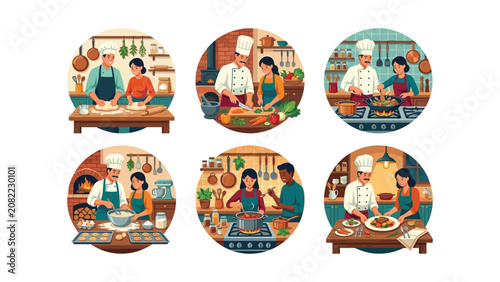 Culinary Teamwork: Chefs Cooking Together in Kitchen Scenes