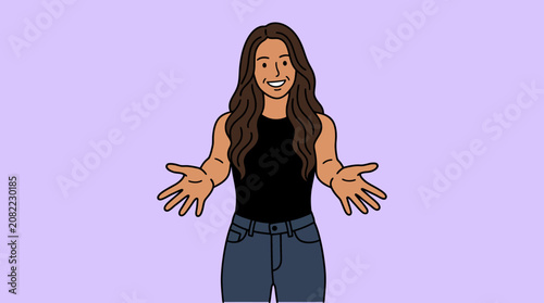 A cartoon woman with a friendly gesture.