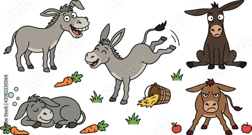Cute cartoon donkey character vector illustration set with various funny farm animal poses kicking sleeping sitting and farm food design elements