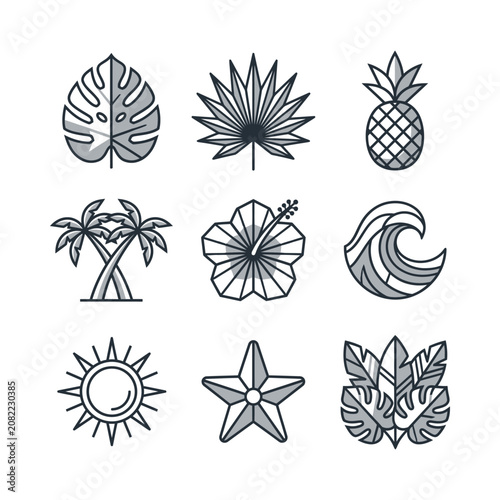 Tropical Summer Icons: Palm Trees, Pineapple, Hibiscus, Wave, Sun, Star