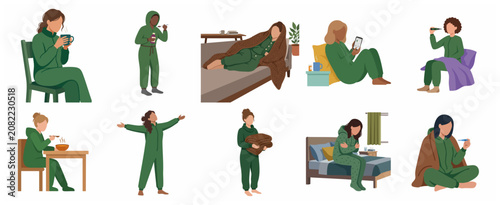 Set of flat illustrations of women feeling sick with flu and cold symptoms, resting at home, taking medicine, and checking temperature.