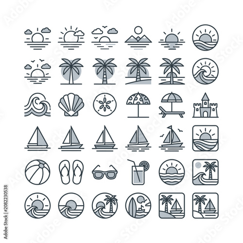 Summer Beach Icons Set: Sun, Sea, Palm Trees, Beach, Vacation Symbols