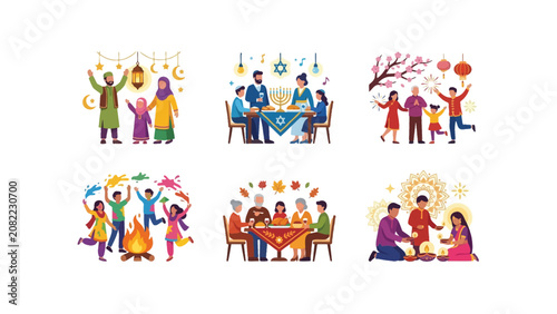 Diverse Cultural Celebrations and Family Gatherings - Vector Art