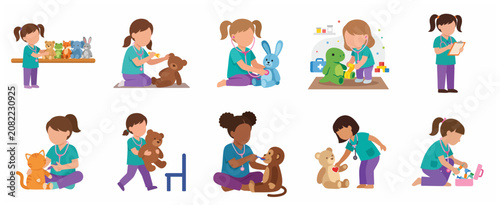 Canvas Print Flat vector illustration set of diverse little girls playing doctor and veterinarian with their plush stuffed animal toys