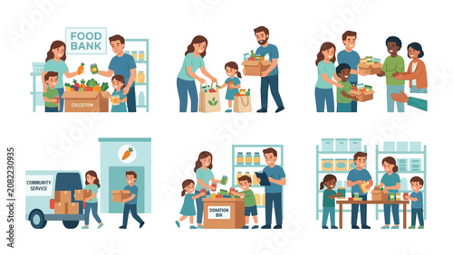 Family Donating Food To Food Bank, Charity Collection, Helping Community, Volunteer Work