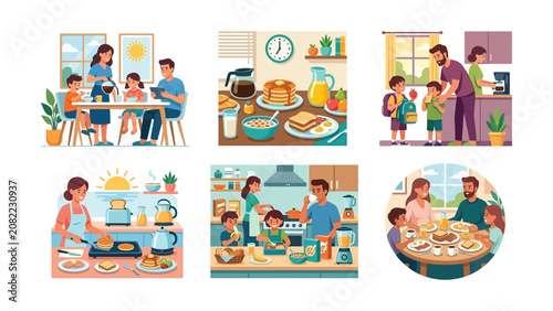 Family Breakfast Morning Routine - Parents and Kids Eating Together, Preparing Food