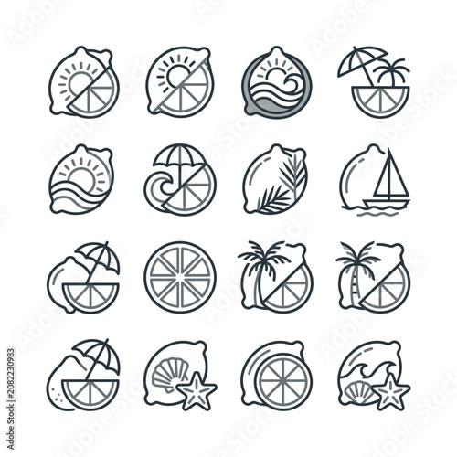 Summer Citrus Icons: Lemon, Sun, Sea, Palm Trees, Beach, Vacation & Travel Symbols