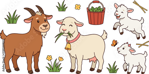 Bild auf Leinwand Cute cartoon goat family vector illustration set with billy goat nanny goat eati