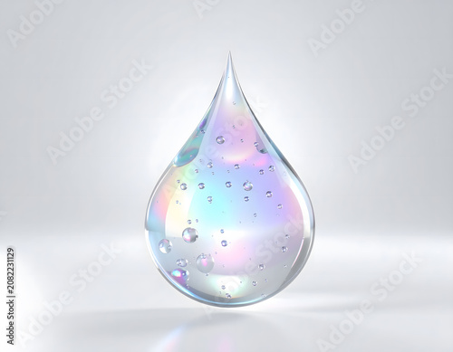 Iridescent Particle Beauty Essence: Beautiful iridescent holographic droplet containing many beauty particles. clean and pristine white background enhances its fresh, pure