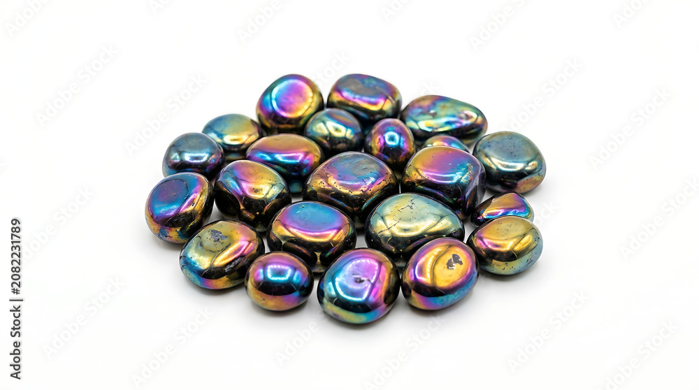 Naklejka premium A Collection of Iridescent Rainbow Hematite Stones Isolated on White Background