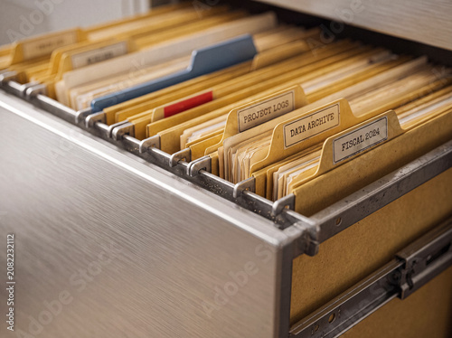 Fotografía Labeled file folders organized chronologically and by project in a deep filing cabinet drawer