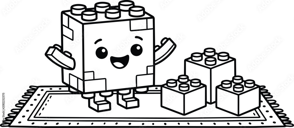 Obraz premium Smiling lego block on a decorative rug with three small blocks nearby