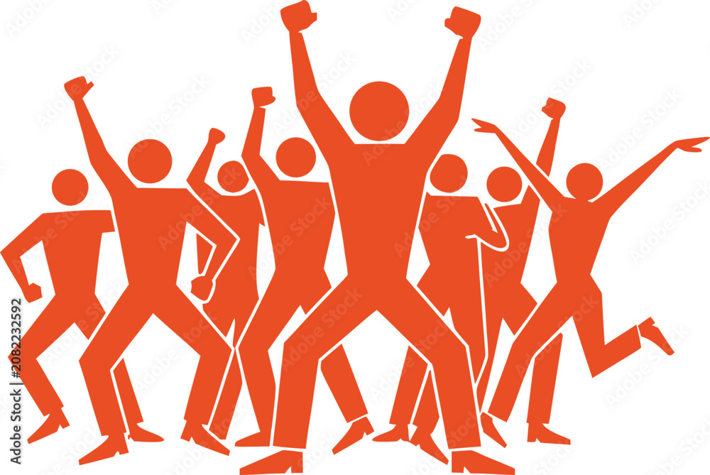 Fototapeta premium A minimalist graphic illustration of a group of people celebrating with raised arms.
