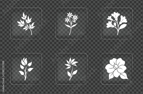 Set Of White Floral Silhouette Icons On Transparent Background