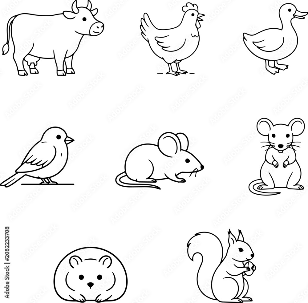 Fototapeta premium Farm and wild animals collection with simple line art style for graphic design and illustration projects